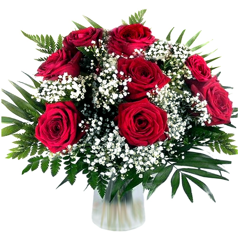 Valentinstag Blumenstrau 10 Rote Rosen mit Schleierkraut